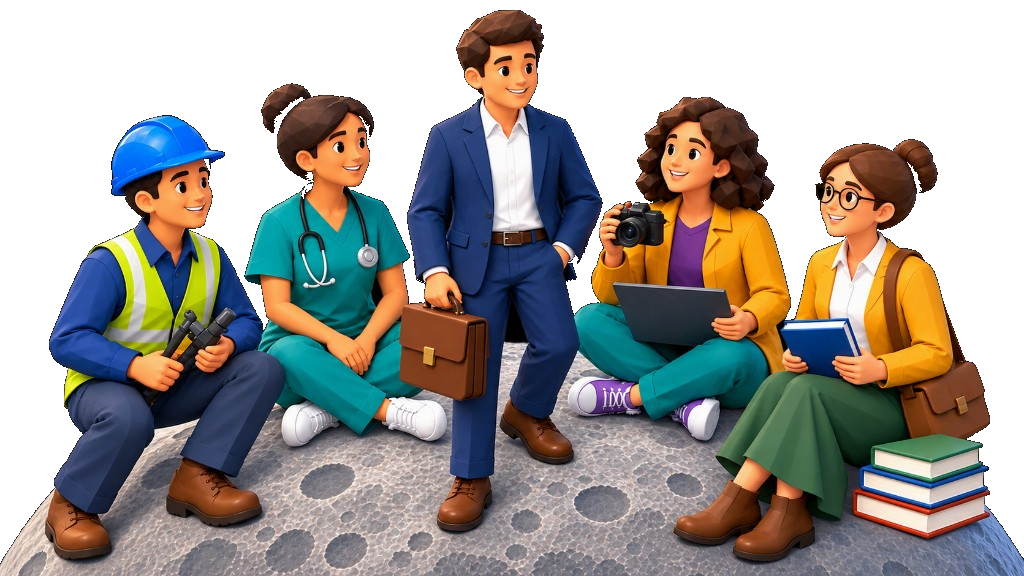 Career characters on the moon: engineer, healthcare, business, creative media, and teaching